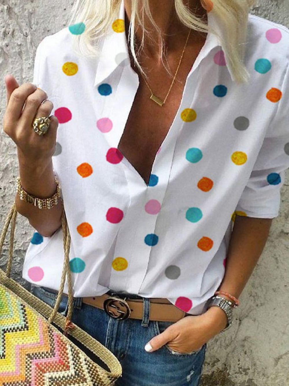 Casual Boho Blouse Met Lange Mouwen Stippen