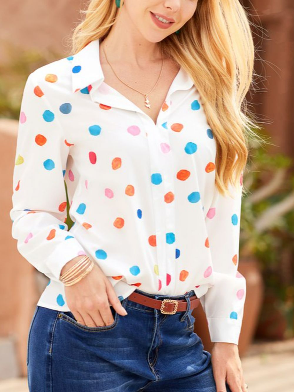 Casual Boho Blouse Met Lange Mouwen Stippen