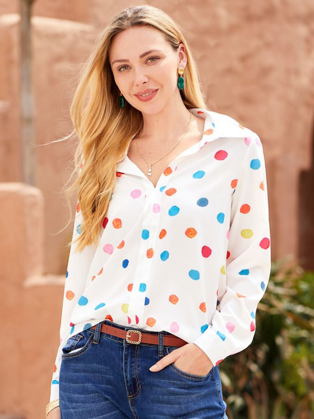 Casual Boho Blouse Met Lange Mouwen Stippen