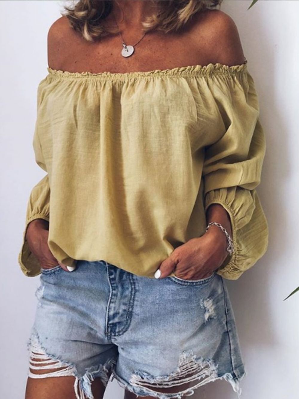 Casual Off-Shoulder Effen Top Met Lange Mouwen