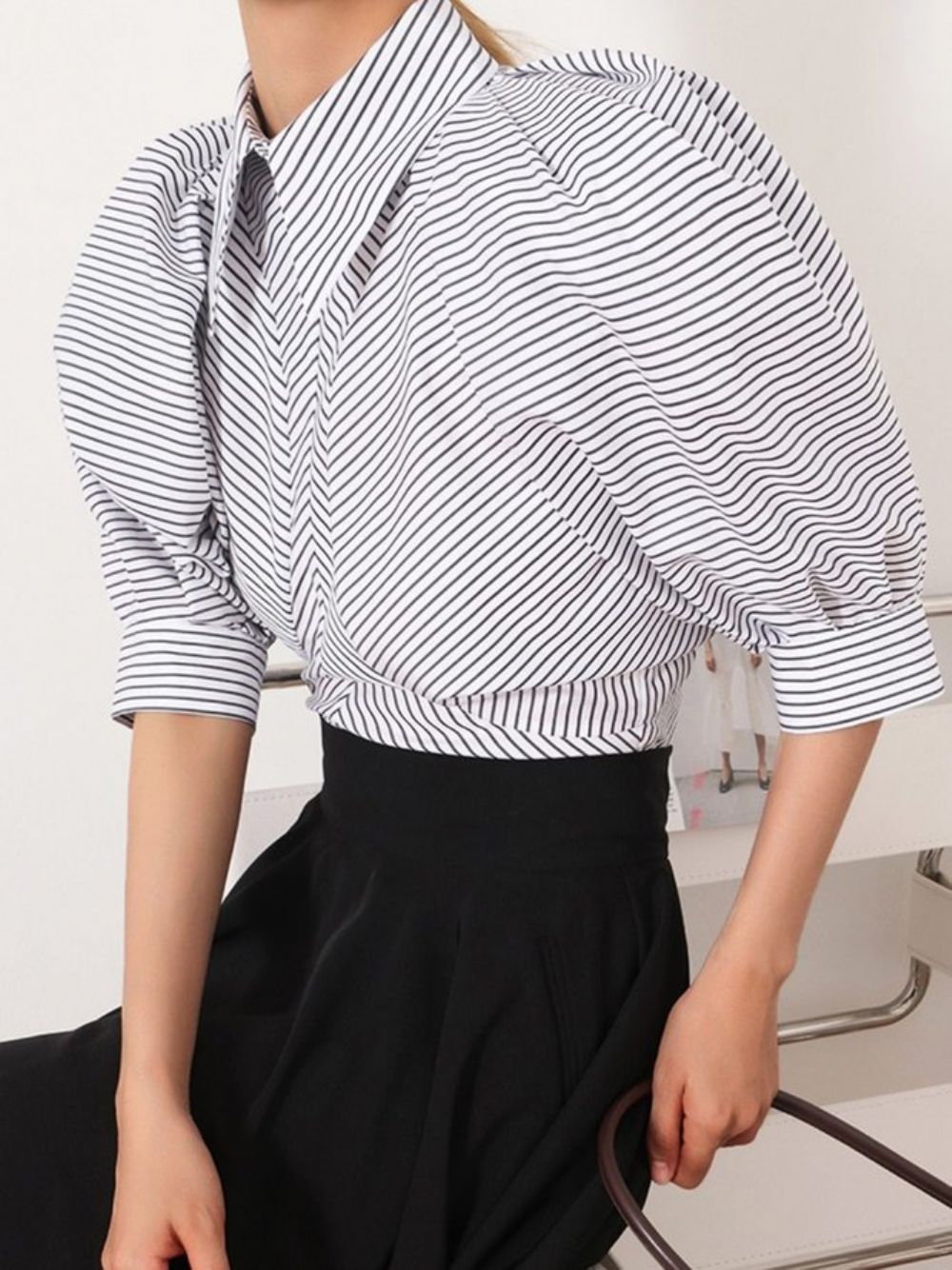 Daily Work Gestreepte Losse Blouse Met Pofmouwen