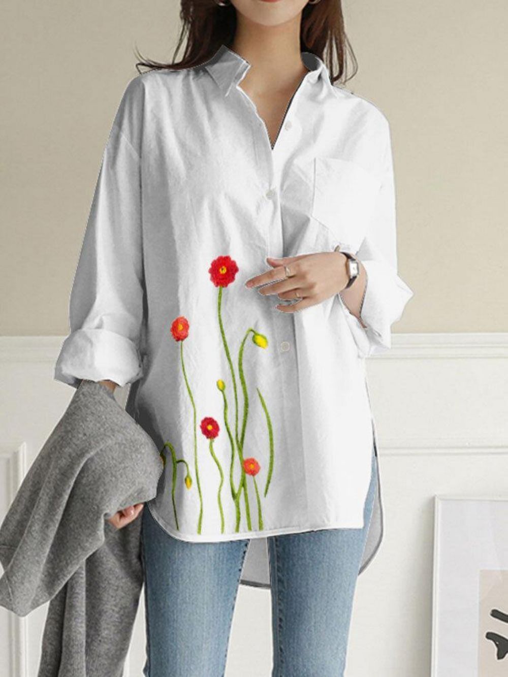 Dames Bloemen Borduurwerk Effen Revers Lange Mouwen Side Split Casual Blouse