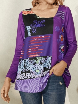 Dames Blouse Met Abstracte Print Asymmetrische Kraag Lange Mouwen In Etnische Stijl