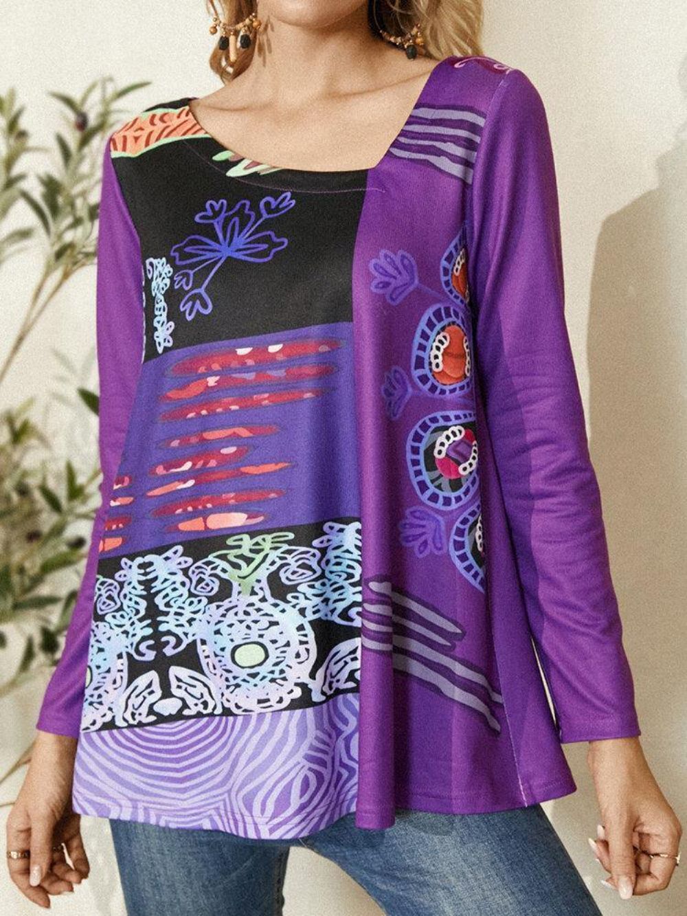 Dames Blouse Met Abstracte Print Asymmetrische Kraag Lange Mouwen In Etnische Stijl