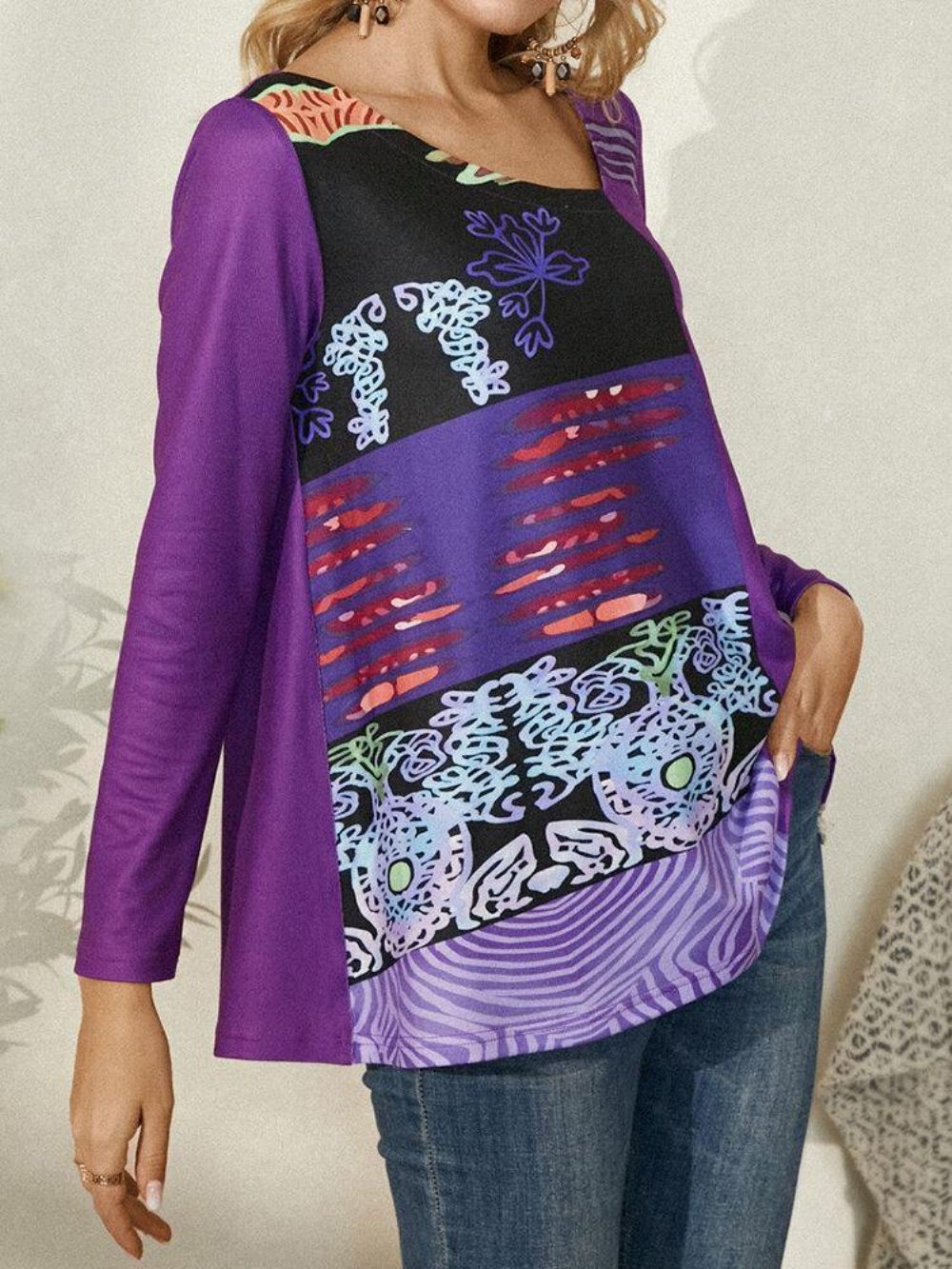 Dames Blouse Met Abstracte Print Asymmetrische Kraag Lange Mouwen In Etnische Stijl