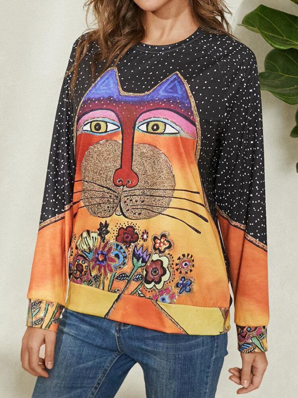 Dames Cartoon Cat Spot Print Ronde Hals Casual Blouses Met Raglanmouwen