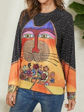 Dames Cartoon Cat Spot Print Ronde Hals Casual Blouses Met Raglanmouwen