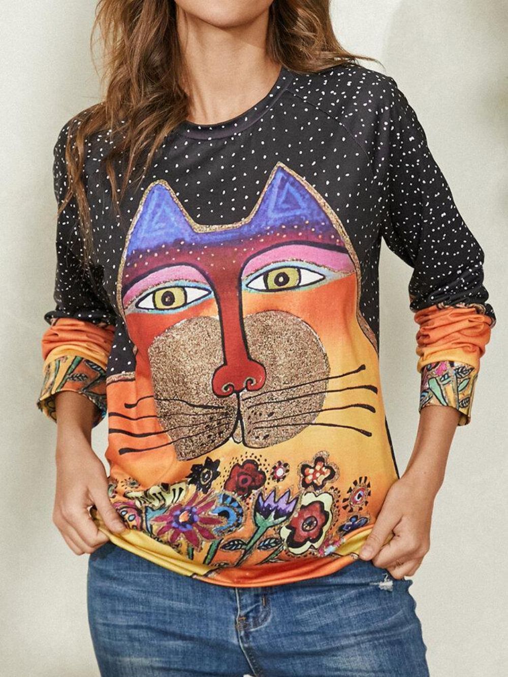 Dames Cartoon Cat Spot Print Ronde Hals Casual Blouses Met Raglanmouwen