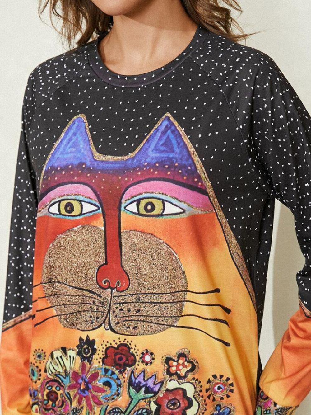 Dames Cartoon Cat Spot Print Ronde Hals Casual Blouses Met Raglanmouwen