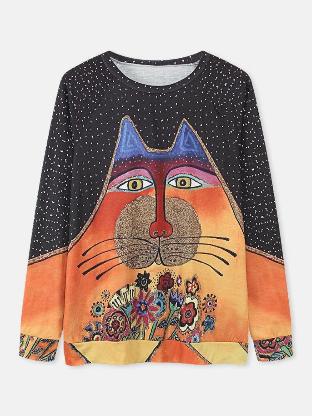 Dames Cartoon Cat Spot Print Ronde Hals Casual Blouses Met Raglanmouwen