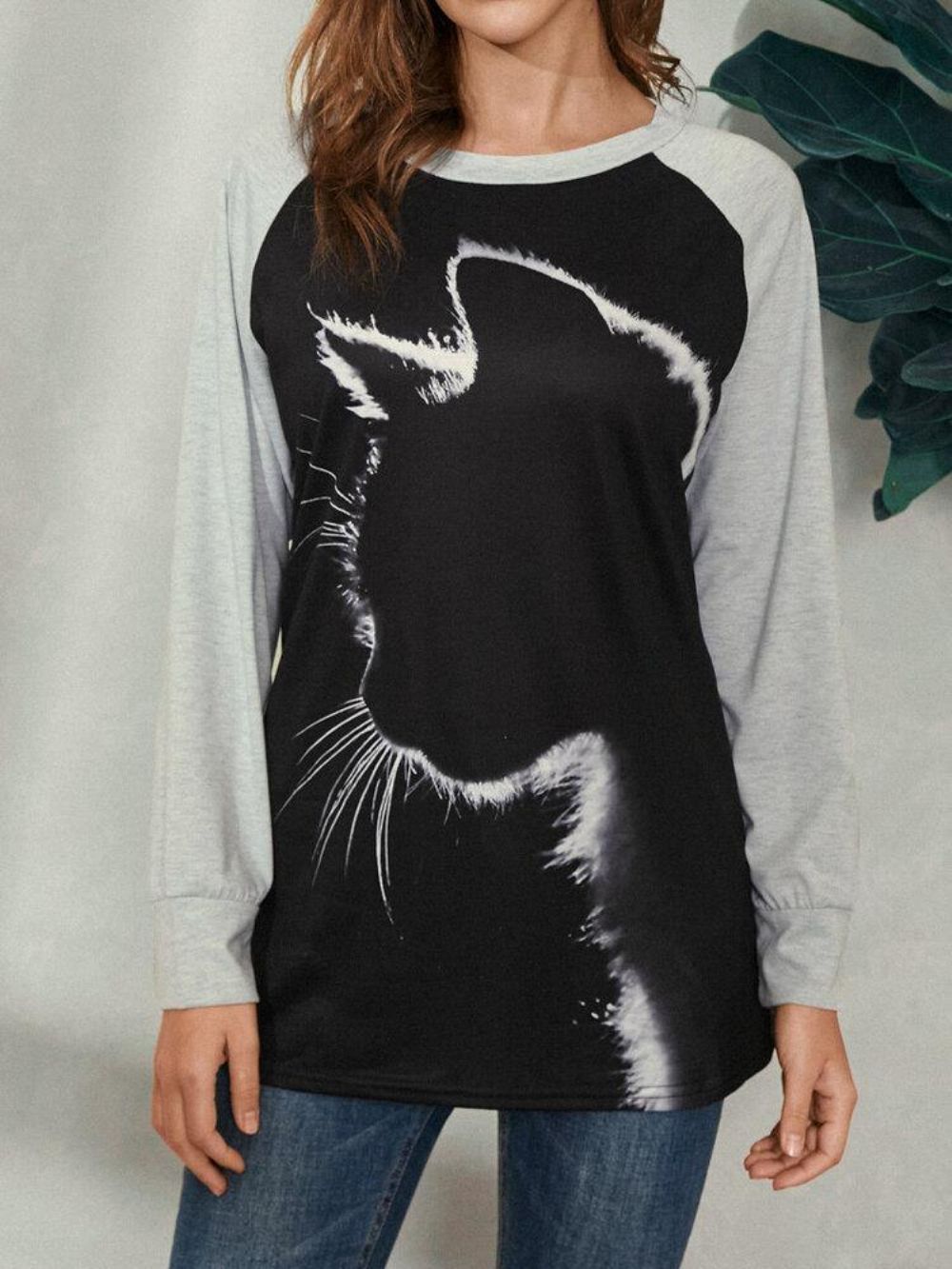 Dames Kattenprint Ronde Hals Casual Blouse Met Raglanmouwen