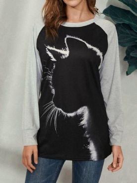 Dames Kattenprint Ronde Hals Casual Blouse Met Raglanmouwen