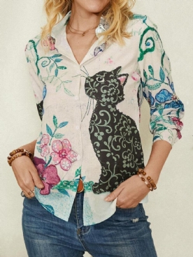 Dames Schattig Kattenprint Casual Shirt Met Lange Mouwen Revers