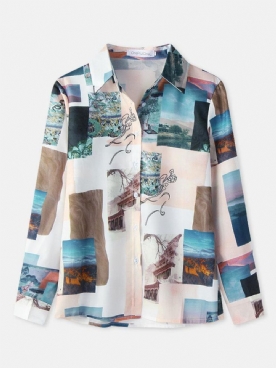 Damesblouse Met Lange Mouwen Revers Met Blokprint Landschapsprint