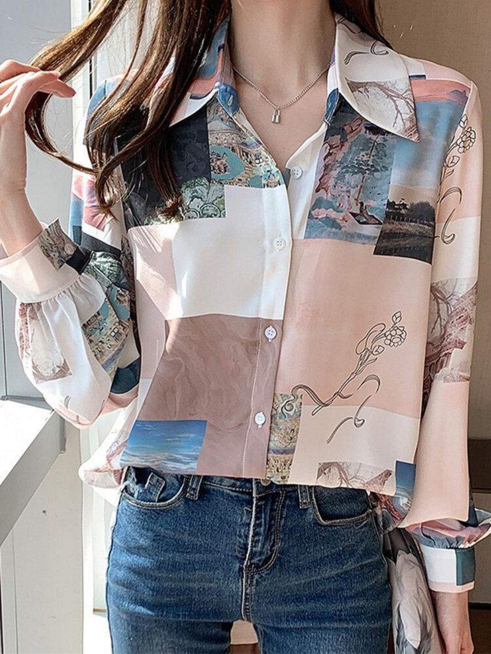 Damesblouse Met Lange Mouwen Revers Met Blokprint Landschapsprint