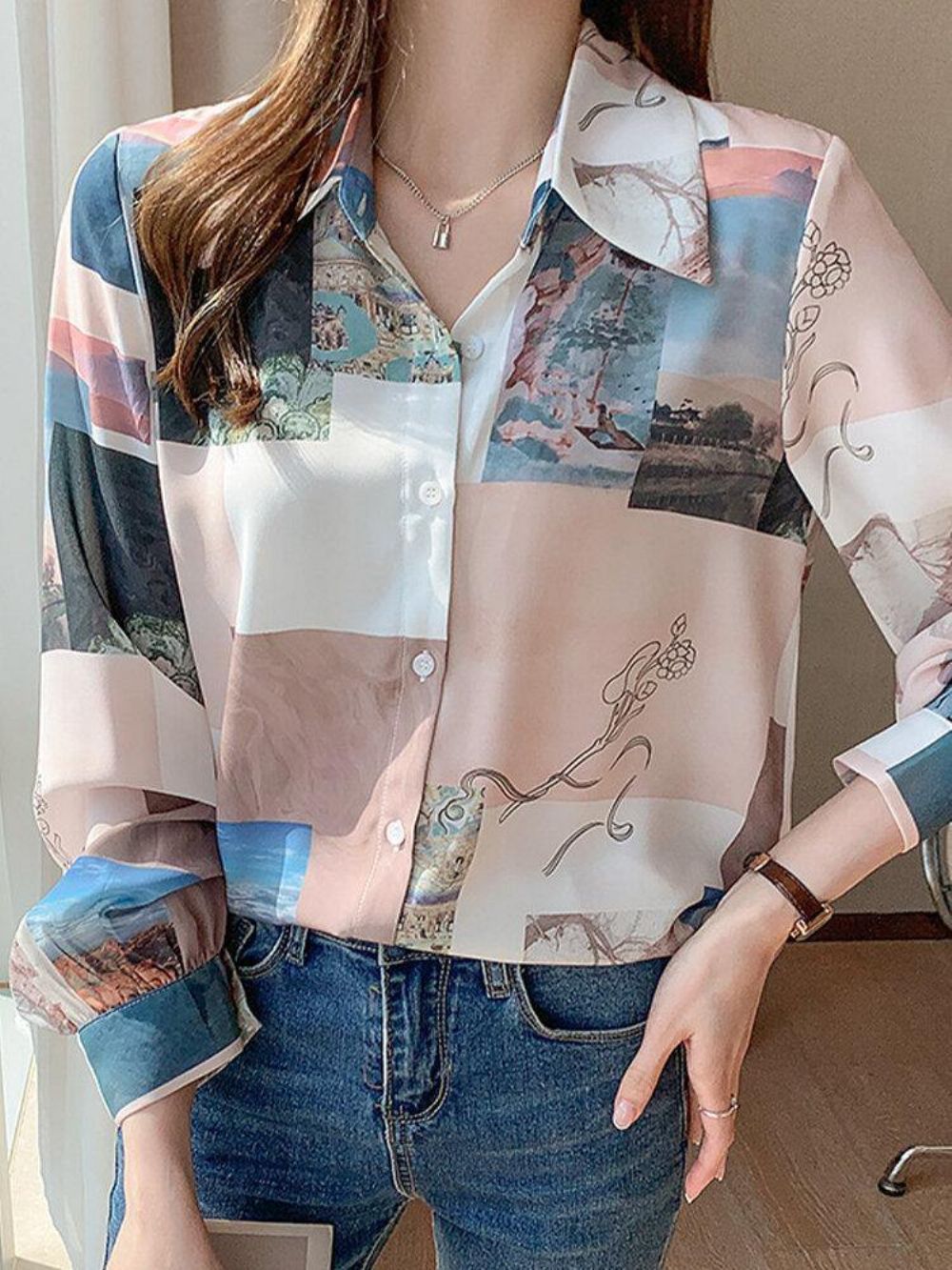 Damesblouse Met Lange Mouwen Revers Met Blokprint Landschapsprint