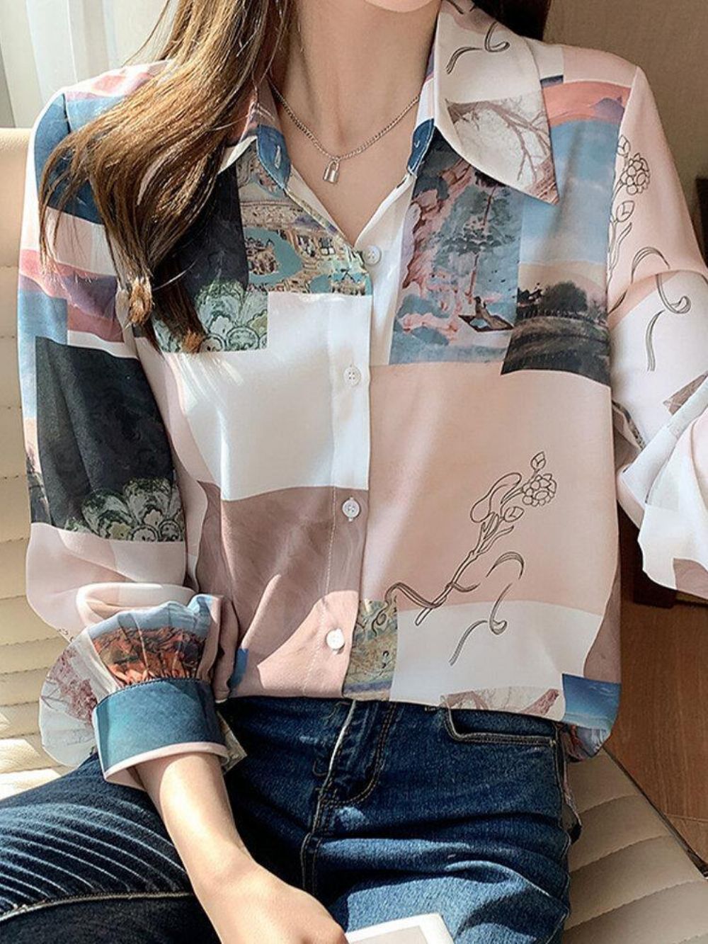 Damesblouse Met Lange Mouwen Revers Met Blokprint Landschapsprint