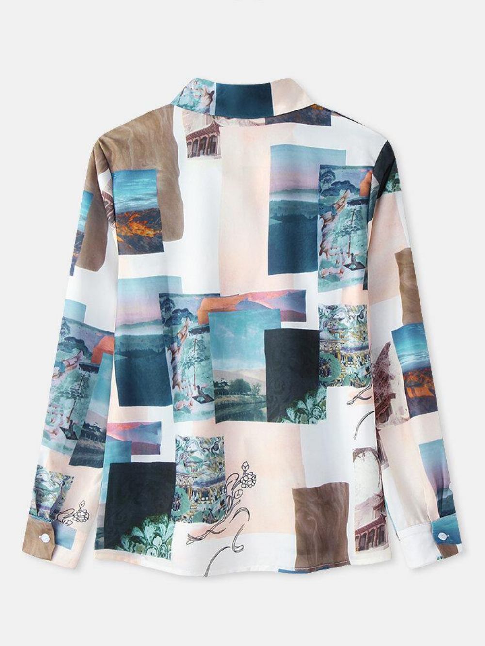 Damesblouse Met Lange Mouwen Revers Met Blokprint Landschapsprint