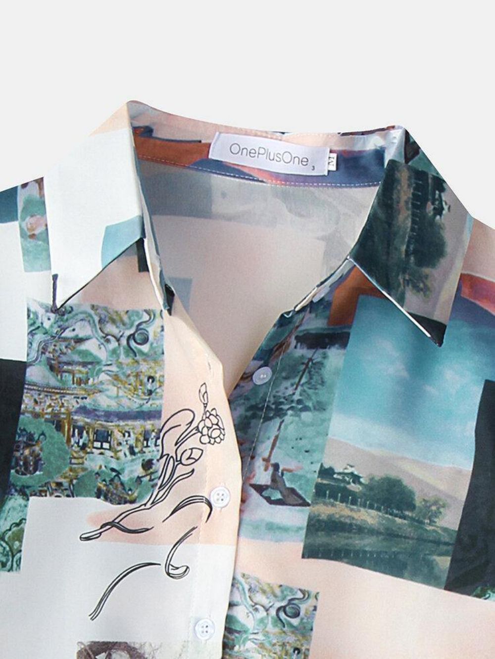 Damesblouse Met Lange Mouwen Revers Met Blokprint Landschapsprint