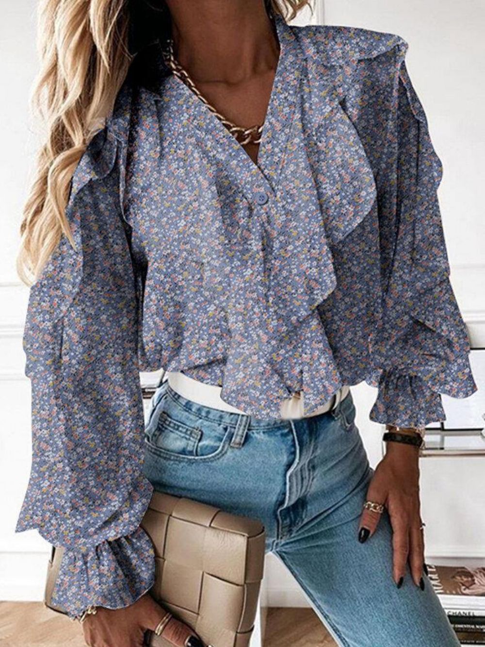 Ditsy Bloemenprint V-Hals Casual Ruches Mouw Knop Casual Blouses Dames