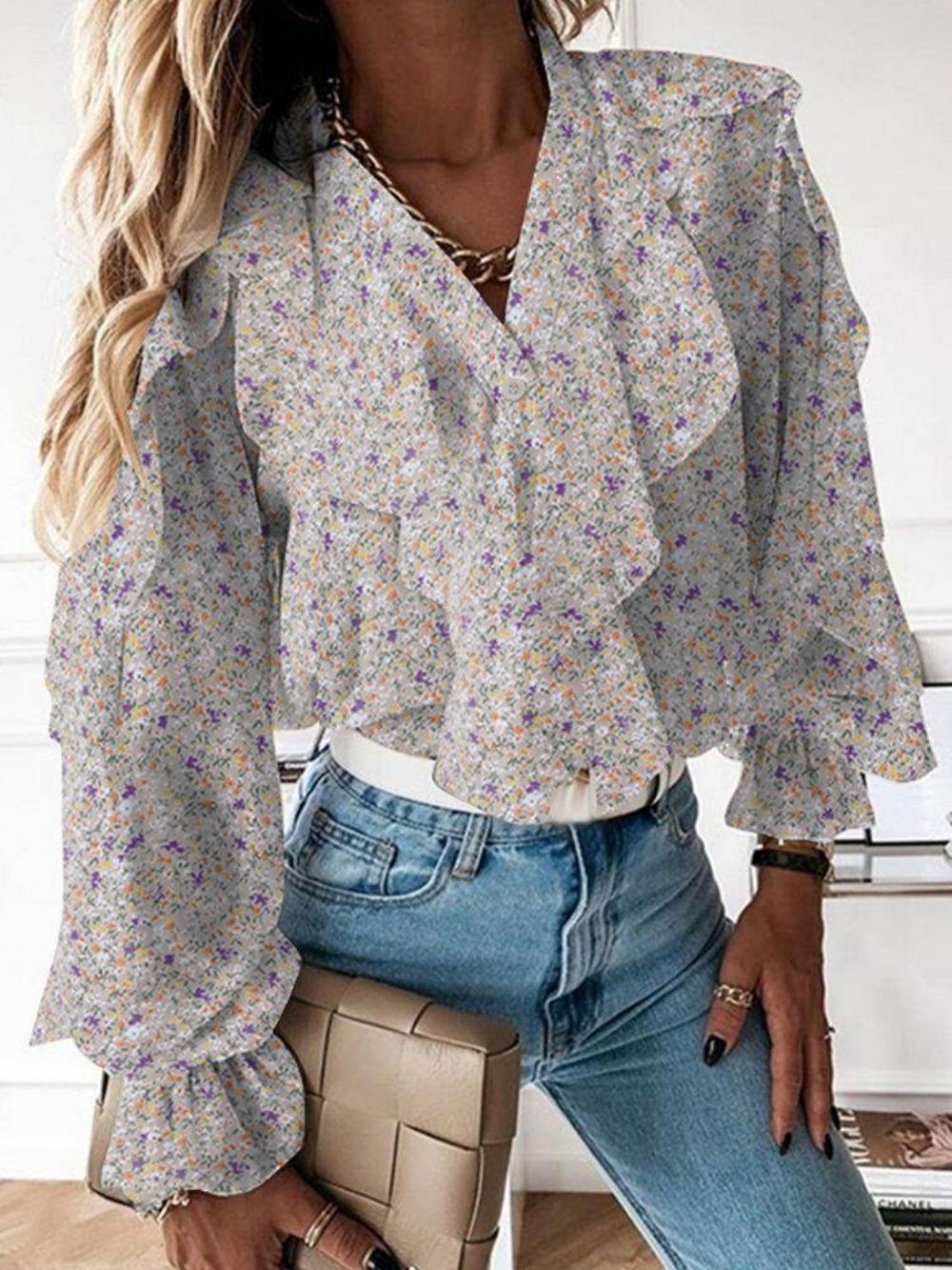 Ditsy Bloemenprint V-Hals Casual Ruches Mouw Knop Casual Blouses Dames