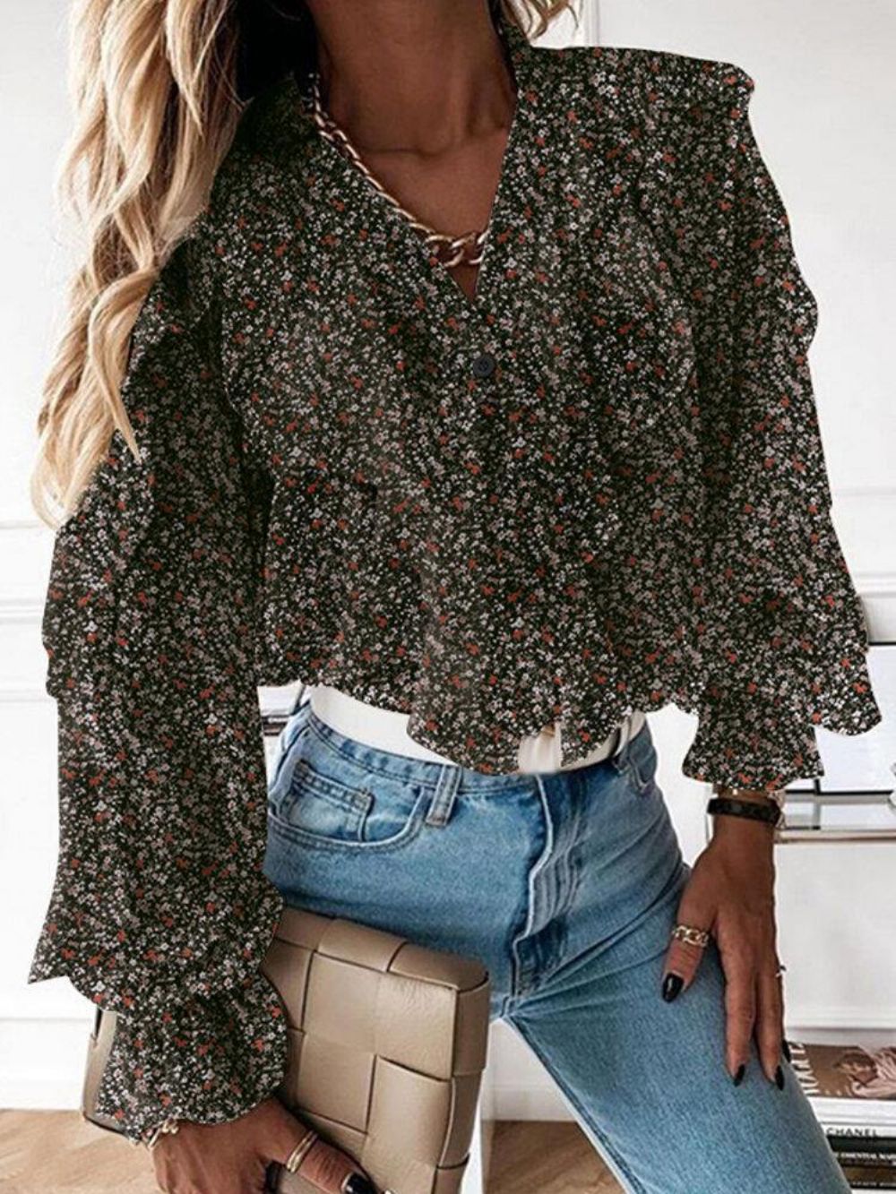 Ditsy Bloemenprint V-Hals Casual Ruches Mouw Knop Casual Blouses Dames