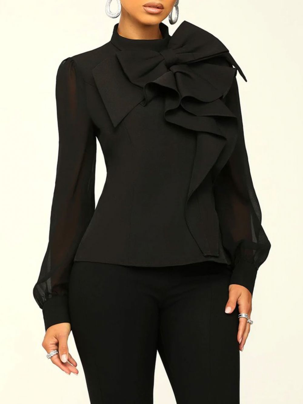 Effen Elegante Blouse Met Opstaande Kraag Strik