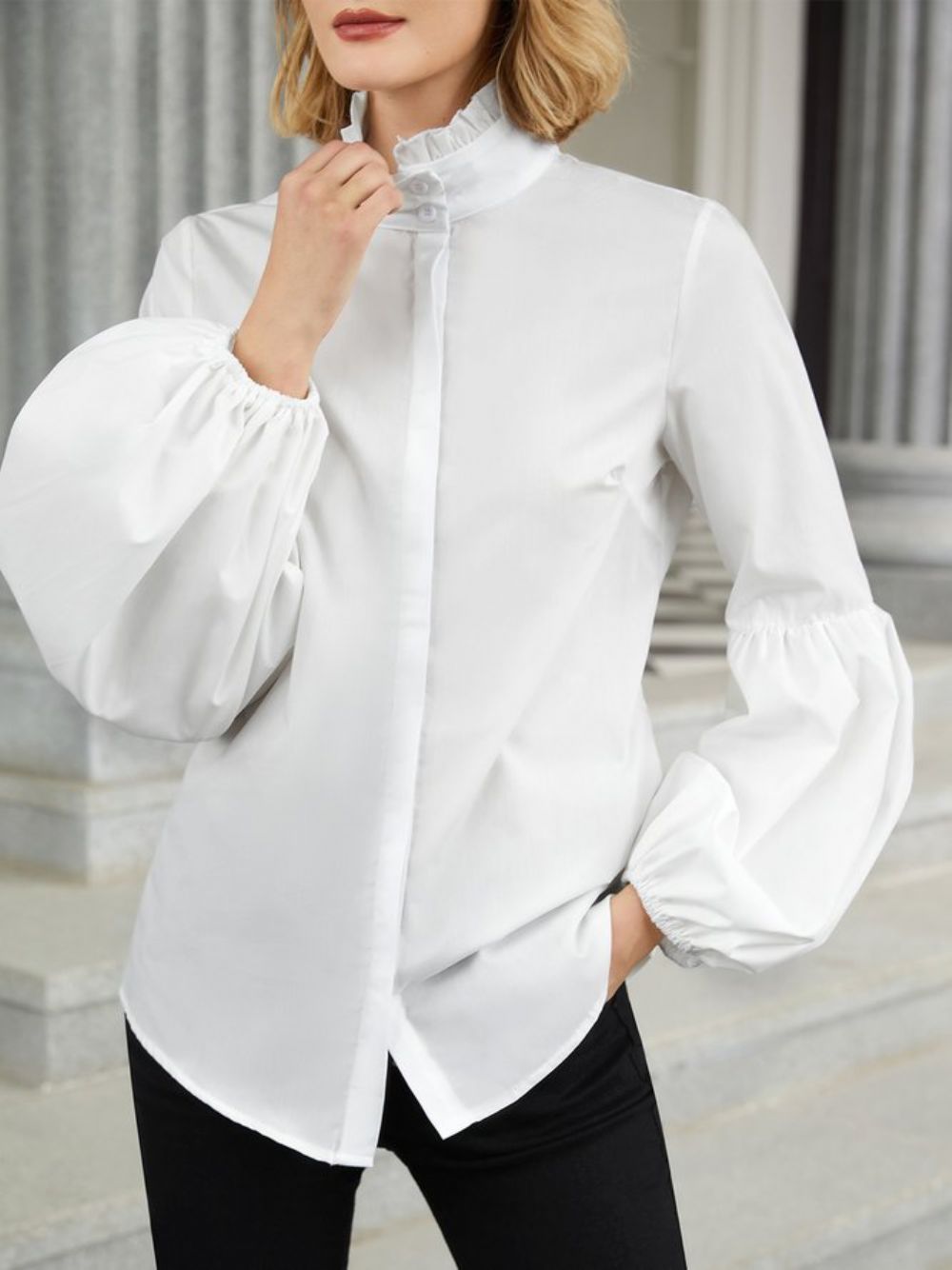 Elegante Coltrui Met Ballonmouwen Effen Werkblouse