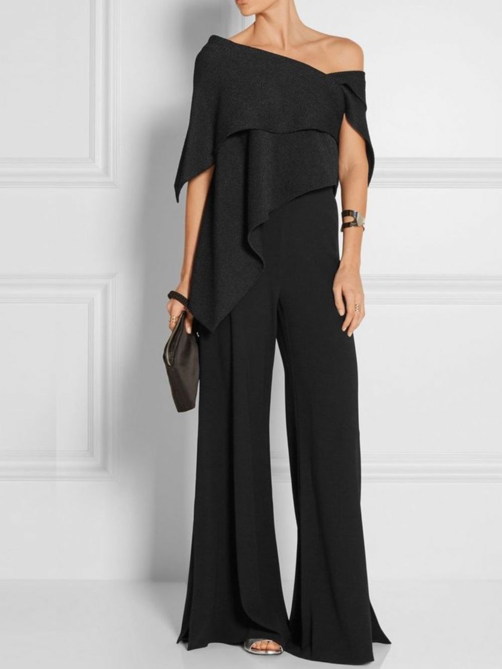 Elegante Effen Off-Shoulder Asymmetrische Zwarte Top