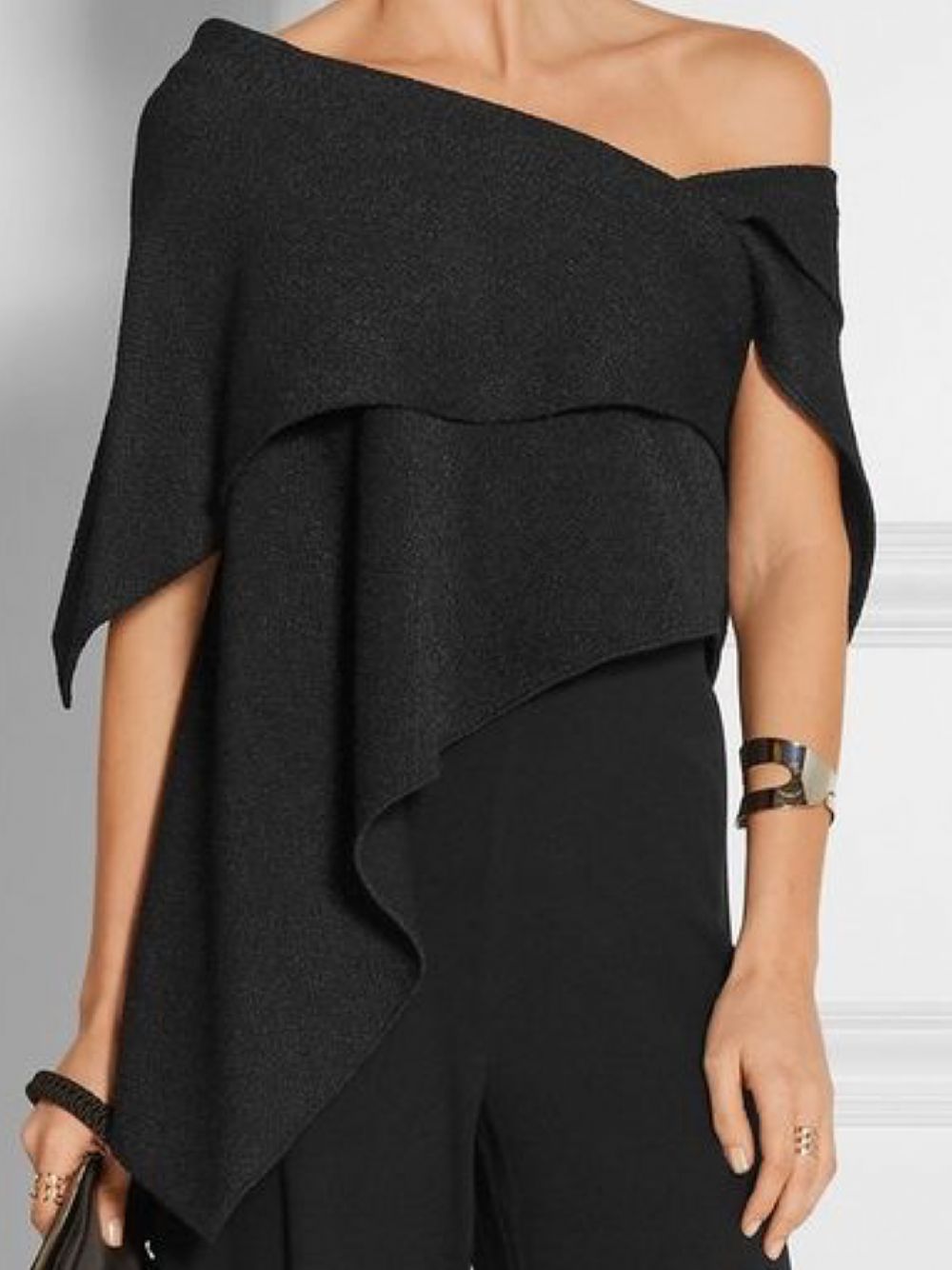 Elegante Effen Off-Shoulder Asymmetrische Zwarte Top