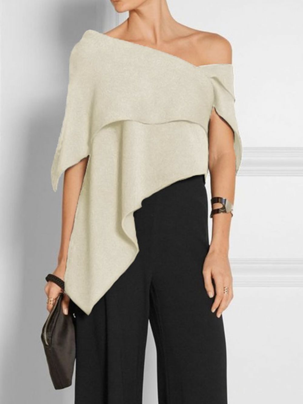 Elegante Effen Off-Shoulder Asymmetrische Zwarte Top