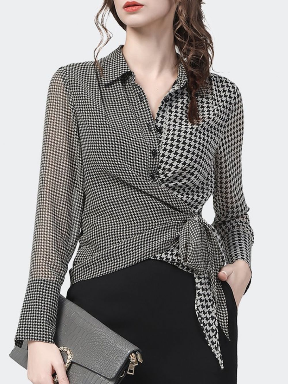 Elegante Houndstooth Blouse Met Lange Mouwen Overhemdkraag