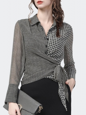 Elegante Houndstooth Blouse Met Lange Mouwen Overhemdkraag