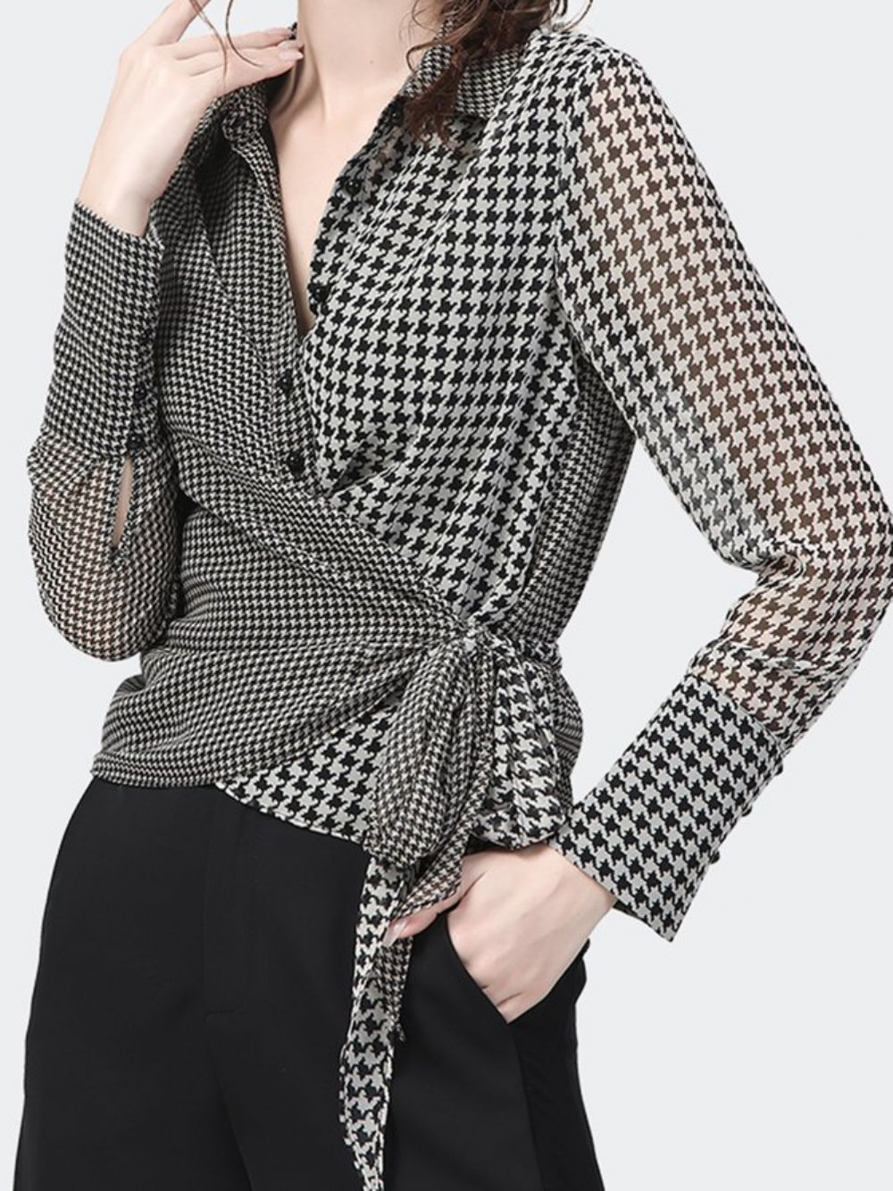 Elegante Houndstooth Blouse Met Lange Mouwen Overhemdkraag