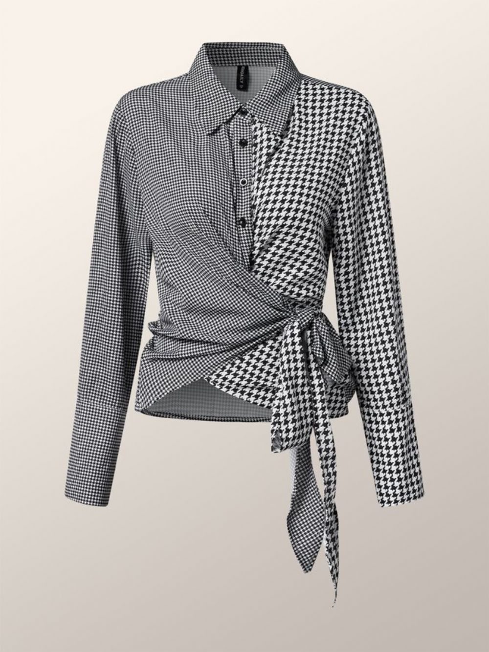 Elegante Houndstooth Blouse Met Lange Mouwen Overhemdkraag