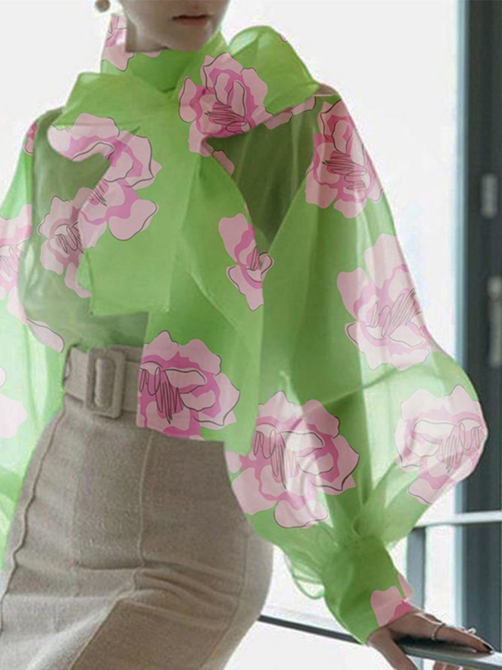 Elegante Opstaande Kraag Knoop Bloemen Lantaarn Mouw Blouse