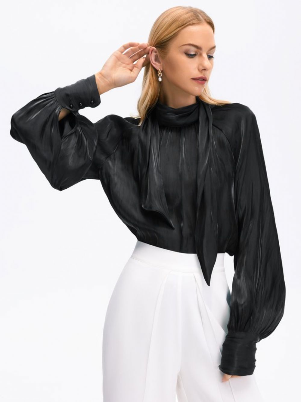 Elegante Top Met Hoge Hals Losse Effen Lange Mouwen