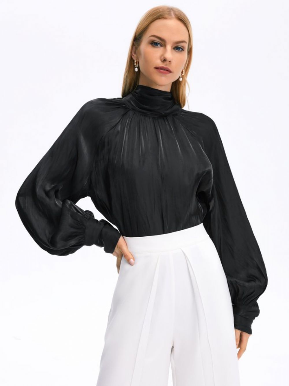 Elegante Top Met Hoge Hals Losse Effen Lange Mouwen