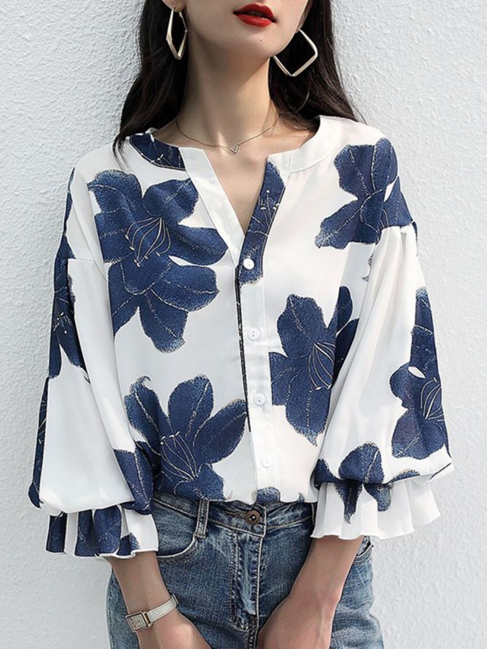 Elegante V-Hals Losse Driekwart Bloemenblouse