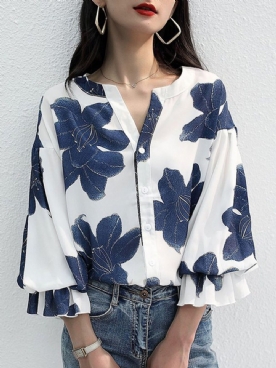 Elegante V-Hals Losse Driekwart Bloemenblouse