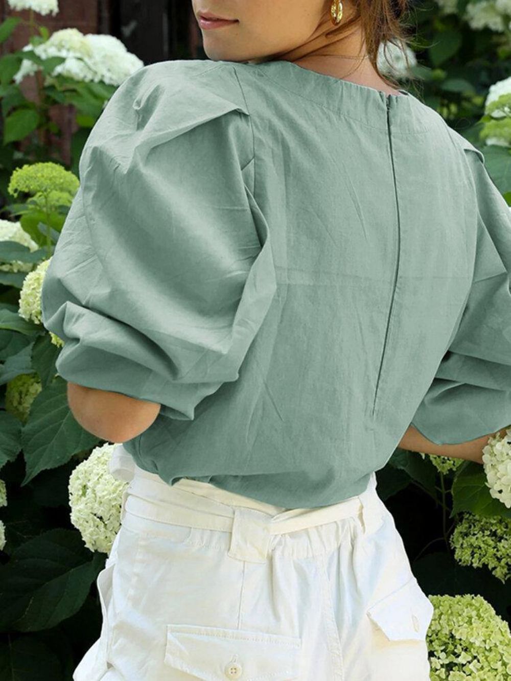 Katoenen Casual Blouse Met Pofmouwen O-Hals Rits Aan De Achterkant Dames