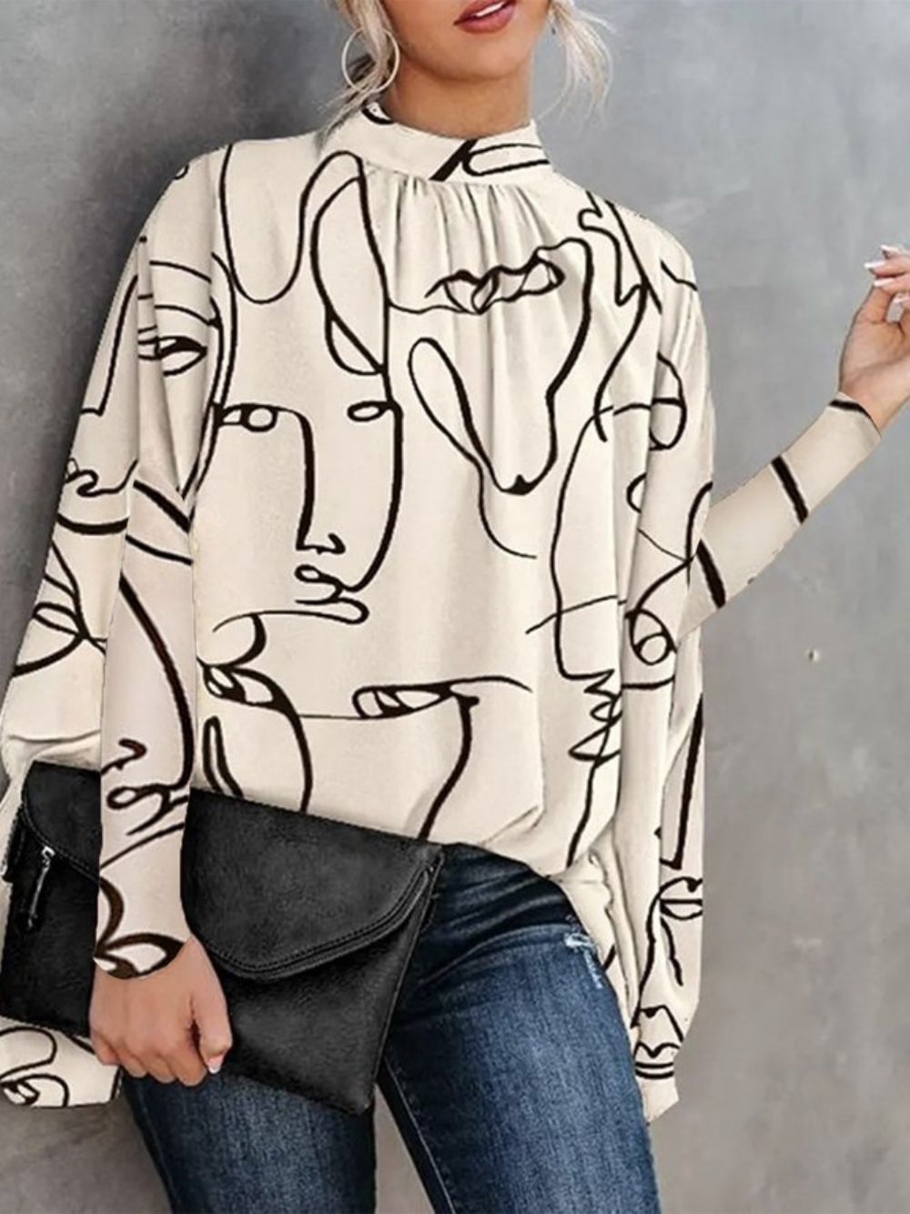 Losse Abstracte Blouse Met Opstaande Kraag