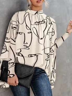 Losse Abstracte Blouse Met Opstaande Kraag