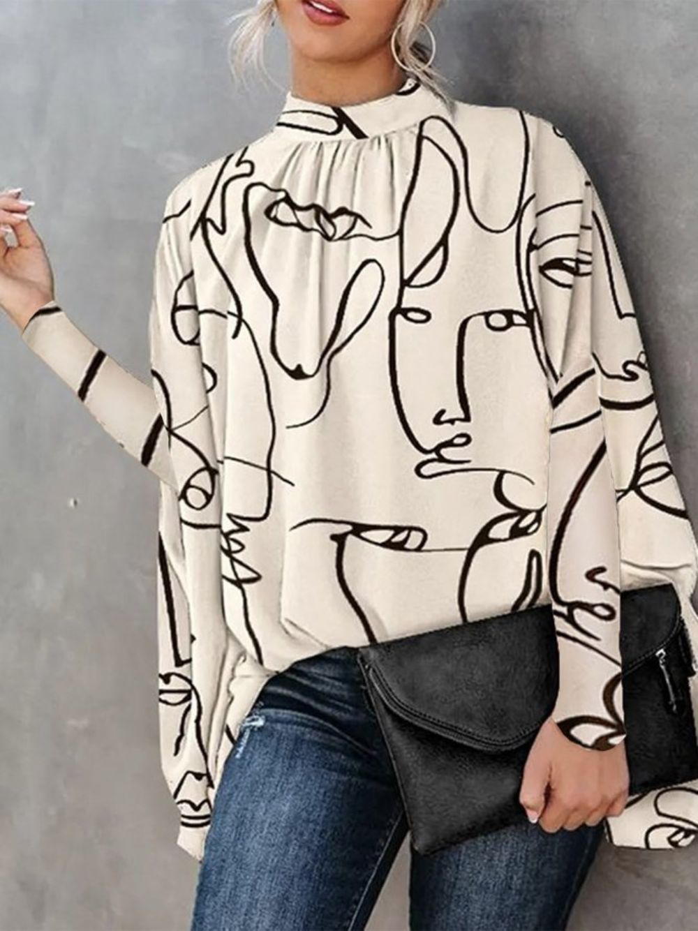 Losse Abstracte Blouse Met Opstaande Kraag