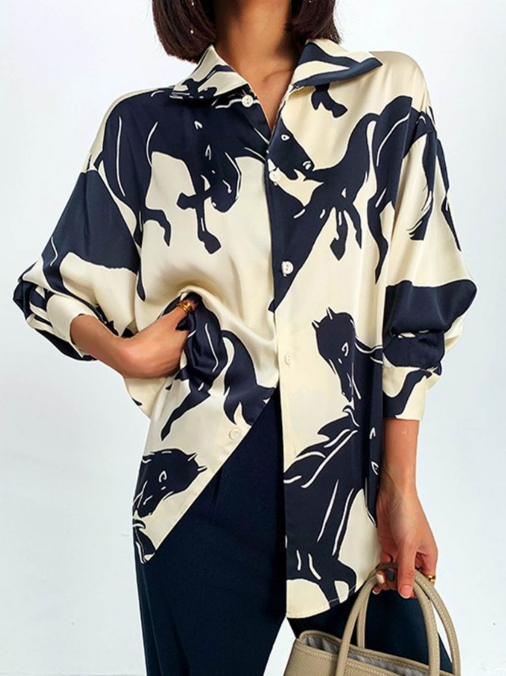 Losse Abstracte Overhemdkraag Blouse Met Lange Mouwen