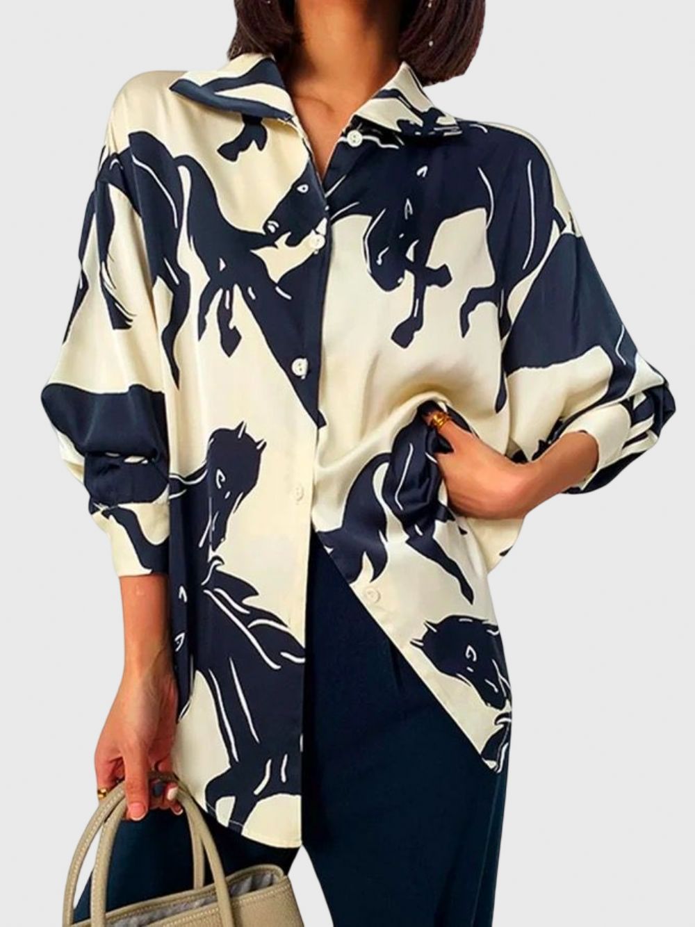 Losse Abstracte Overhemdkraag Blouse Met Lange Mouwen