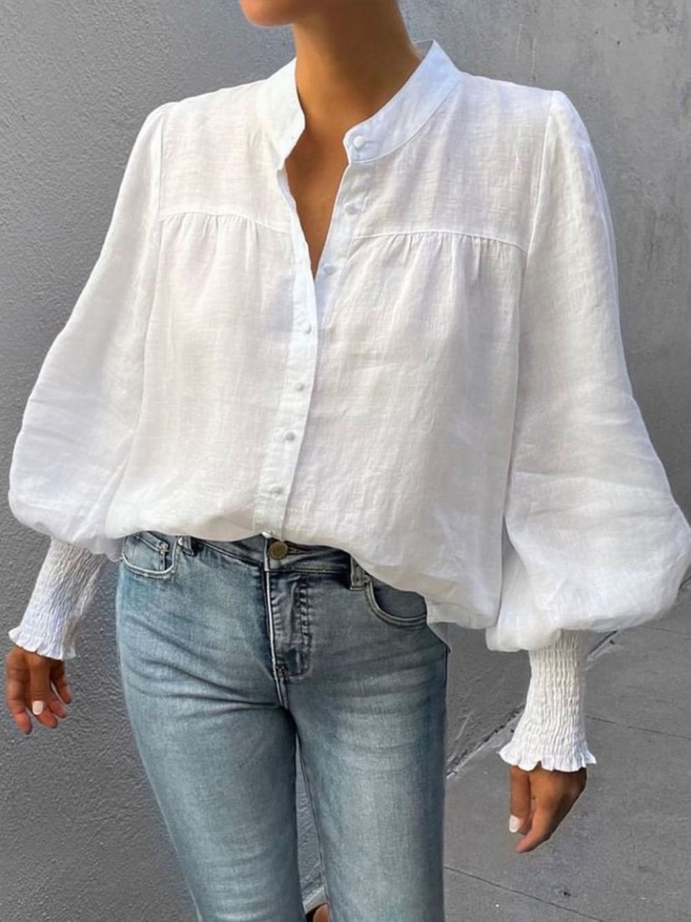 Losse Effen Blouse Met V-Hals Lantaarnmouwen