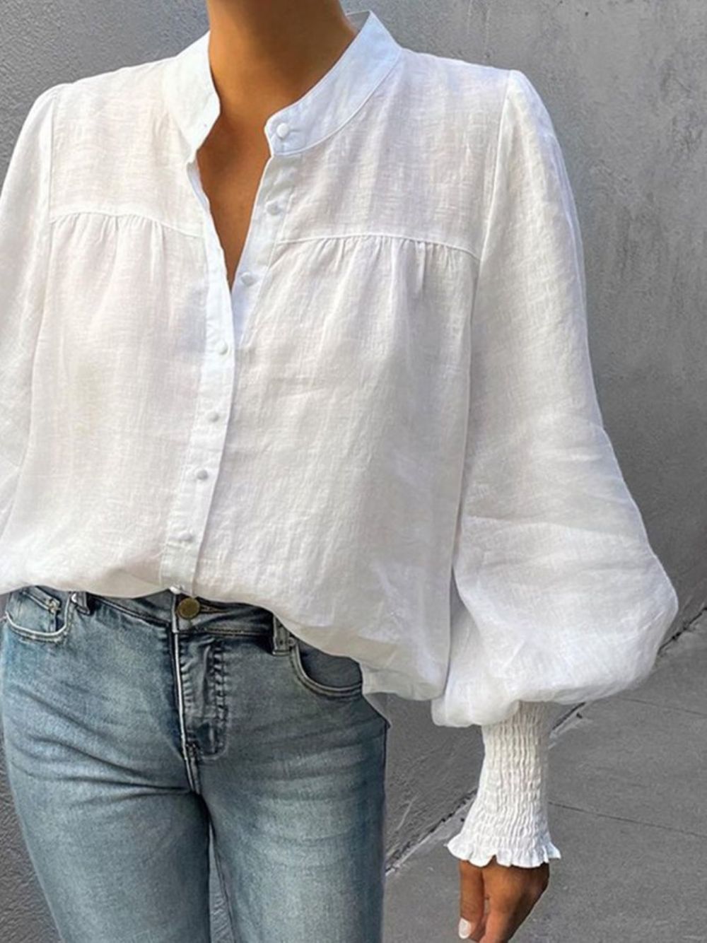 Losse Effen Blouse Met V-Hals Lantaarnmouwen