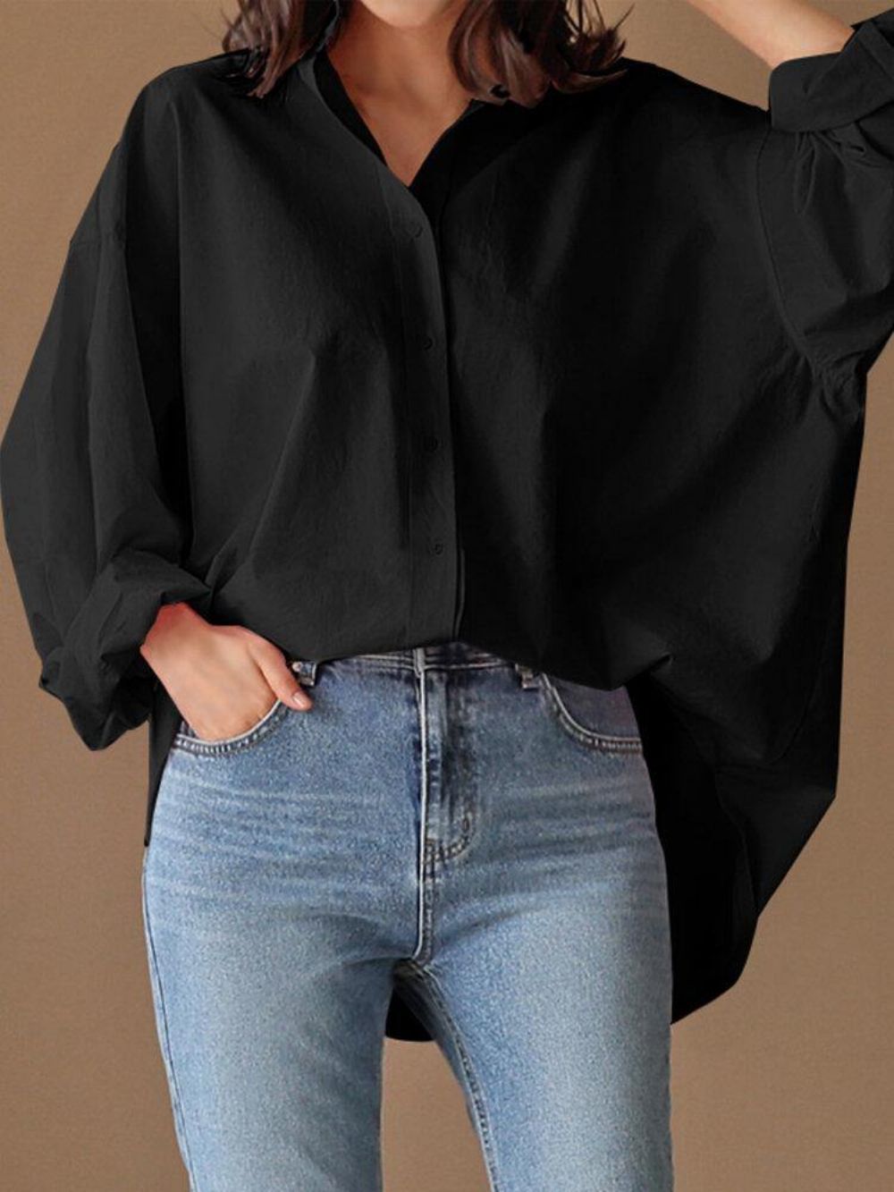 Losse Effen Turn-Down Kraag Volledige Mouw Retro Damesblouse