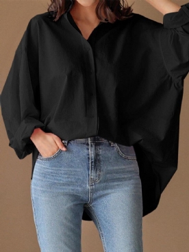 Losse Effen Turn-Down Kraag Volledige Mouw Retro Damesblouse